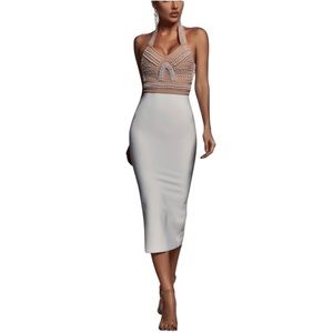 Cornelia Pearl Halter Bandage Dress beige and creme size small